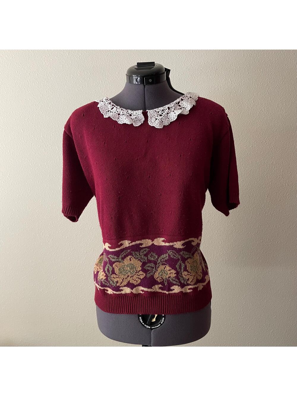 90s vintage burgundy collar short sleeve sweater coquette grandmacore cottage